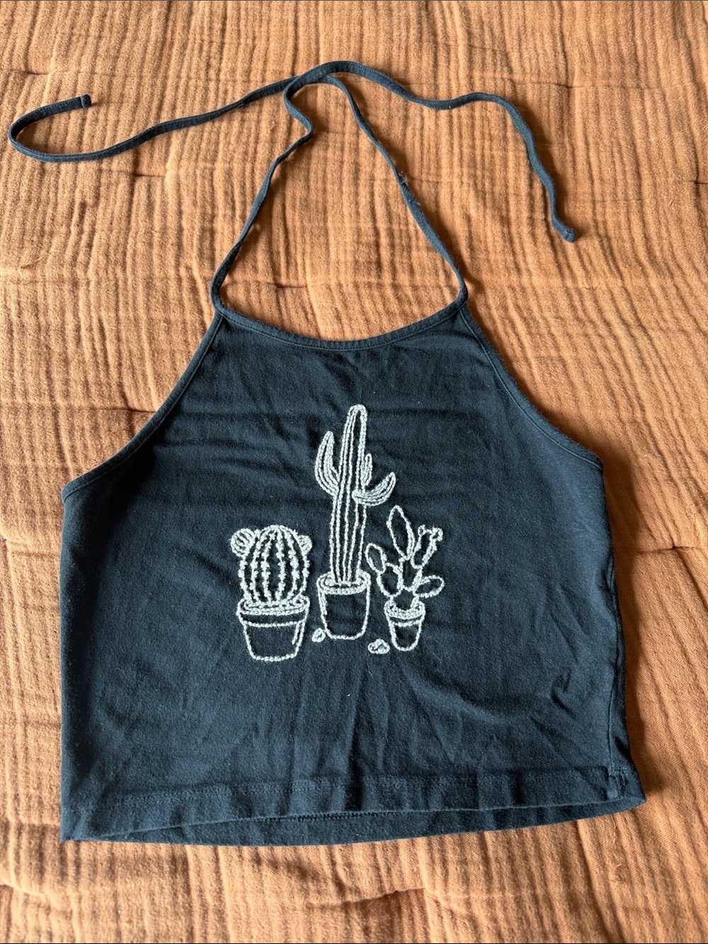 Brandy Melville Black Halter Crop Top with Cream Cactus Embroidery